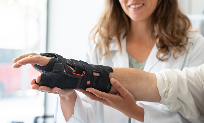 person trying on arm brace