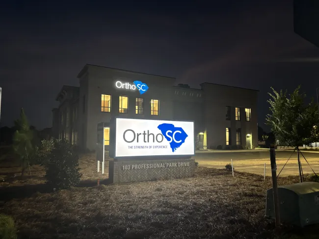 exterior sign at night